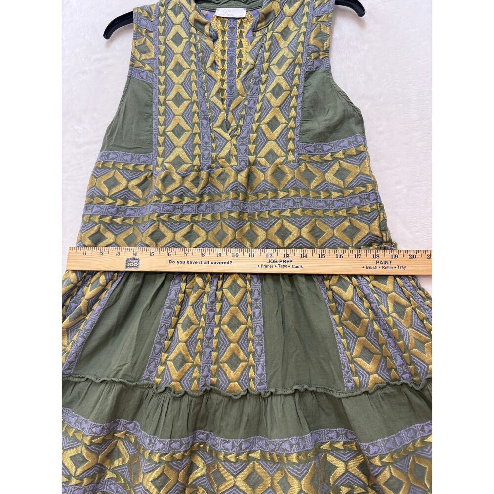 Lace The Label Embroidered Tiered Mini Dress Womens XS Green Gold Cotton Greece - Picture 9 of 13
